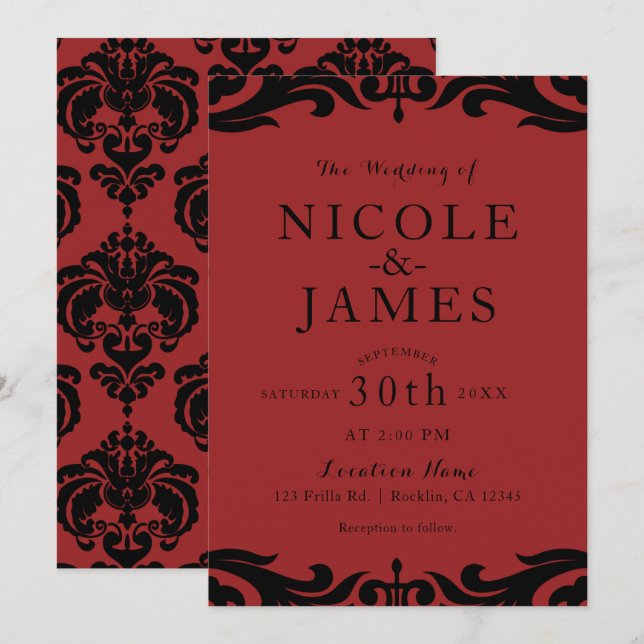 Red & Black Damask Chic Elegant Minimal Wedding Invitation (Front/Back)