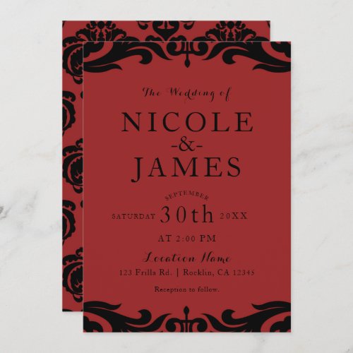 Red  Black Damask Chic Elegant Minimal Wedding Invitation