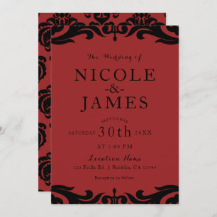 Red & Black Damask Chic Elegant Minimal Wedding Invitation