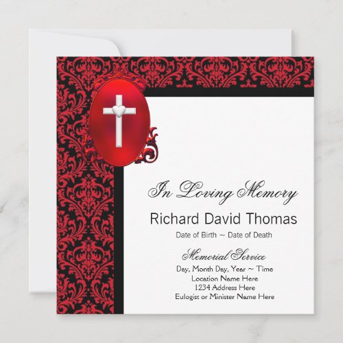 Red Black Damask Cross In Loving Memory Memorial Personalized Invites