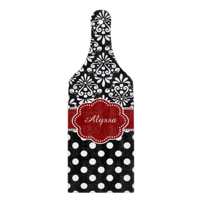 Red Black Damask Dots Personalized Cutting Board (Front)