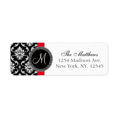 Red Black Damask Elegant Monogram Wedding Label