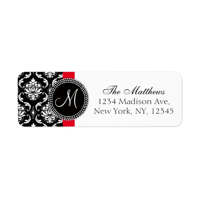 Red Black Damask Elegant Monogram Wedding Label (Front)