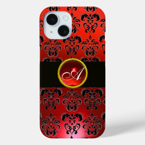 RED BLACK DAMASK GEM STONE MONOGRAM iPhone 15 CASE