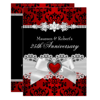 Red Black Damask Heart Bow 25th Anniversary Card