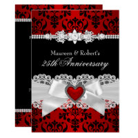 Red Black Damask Heart Bow 25th Anniversary Invitation