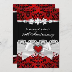 Red Black Damask Heart Bow 25th Anniversary Invitation