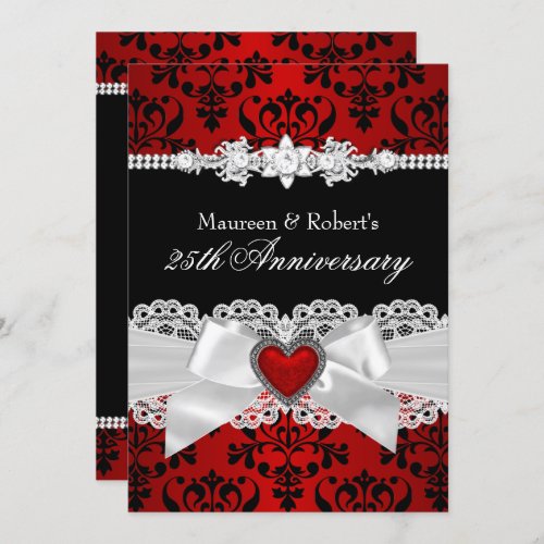Red Black Damask Heart Bow 25th Anniversary Invitation
