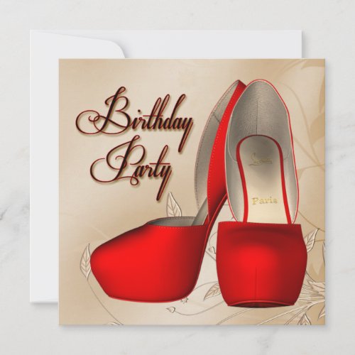 Red Black Damask High Heel Shoes Birthday Party Invitation