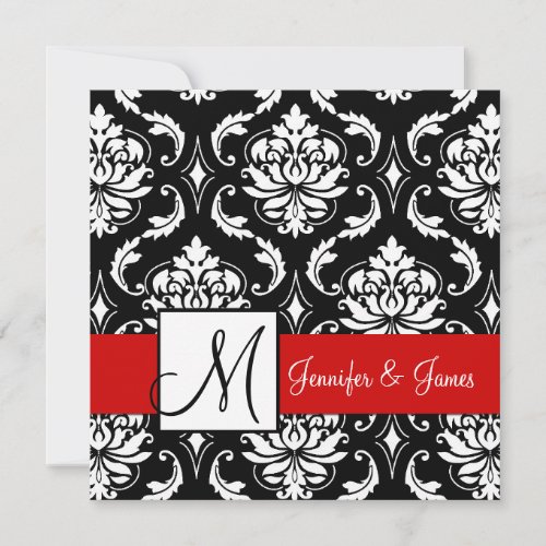 Red Black Damask Initial Wedding Invitation