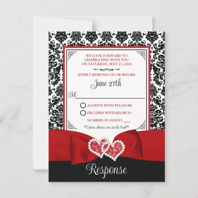 Red, Black Damask Love Hearts RSVP Card (Front)