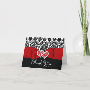 Red, Black Damask Love Hearts Wedding Thank You Card