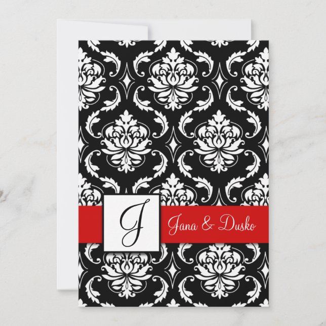 Red Black Damask Monogram Wedding Invitation (Front)
