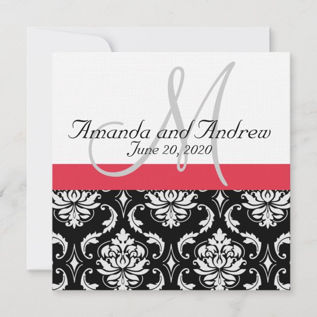 Red Black Damask Names Wedding Invitation (Front)