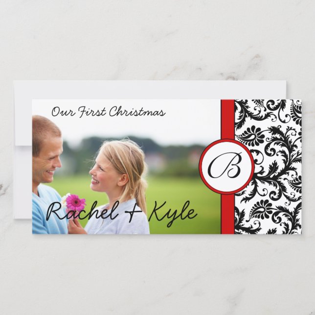 Red & Black Damask Our First Christmas Your Photo Holiday Card (Front)