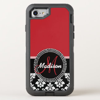 Red Black Damask Pattern, Your Name Monogram OtterBox Defender iPhone SE/8/7 Case