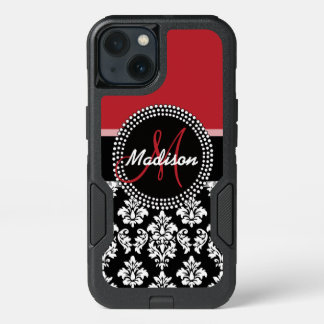 Red Black Damask Pattern, Your Name Monogram iPhone 13 Case