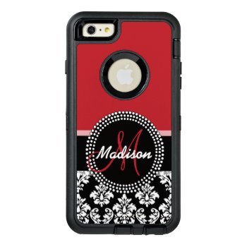 Red Black Damask Pattern  Your Name Monogram Otterbox Defender Iphone Case by DamaskGallery at Zazzle
