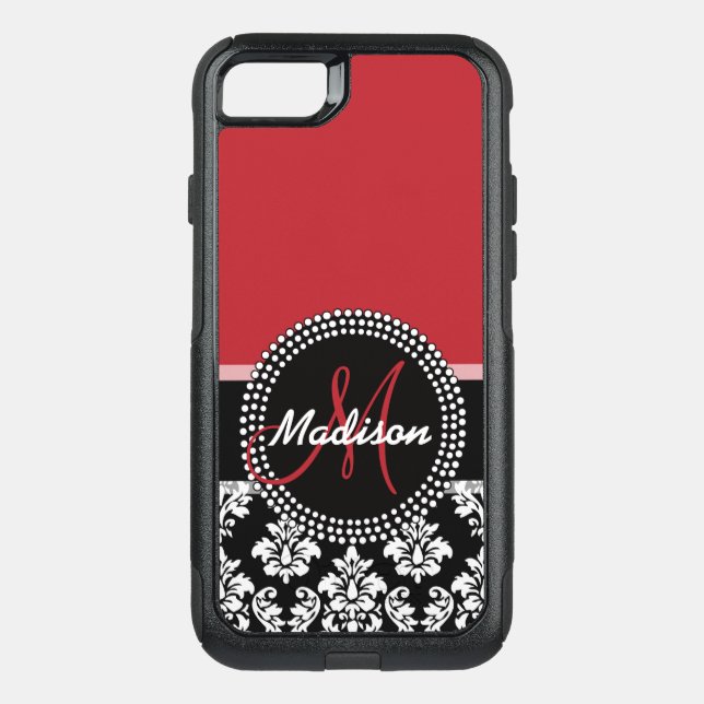 Red Black Damask Pattern, Your Name Monogram Otterbox iPhone Case (Back)