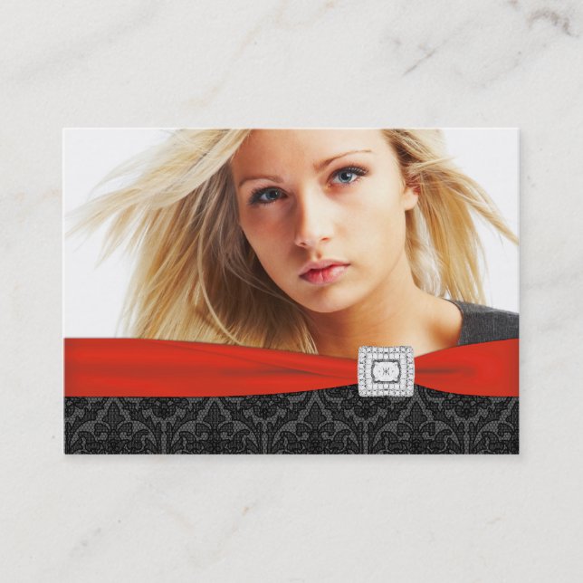 Red Black Damask Photo Business Cards (Front)