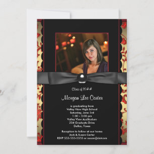 Red Black Damask Photo Graduation Announcement