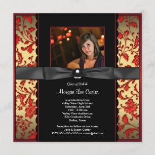 Red Black Damask Photo Graduation Announcement