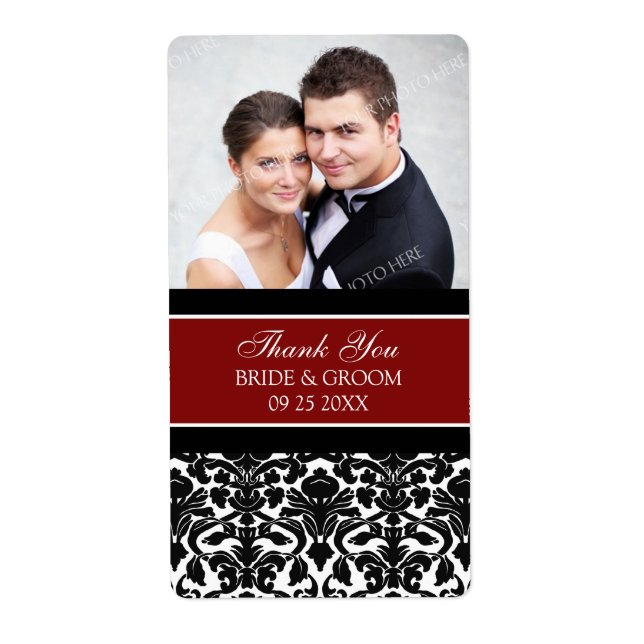 Red Black Damask Photo Wedding Labels (Front)