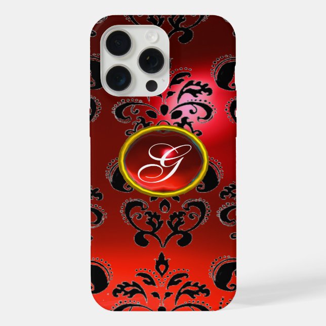 RED BLACK DAMASK RUBY GEMSTONE MONOGRAM IPHONE CASE (Back)