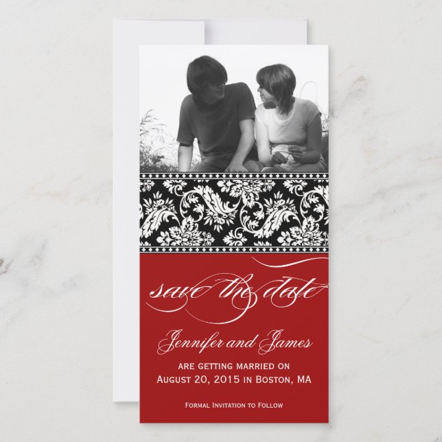 Red Black Damask Save the Date Photo Card (Front)