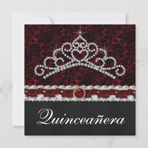 Red Black Damask Tiara Red Black Quinceanera Invitation