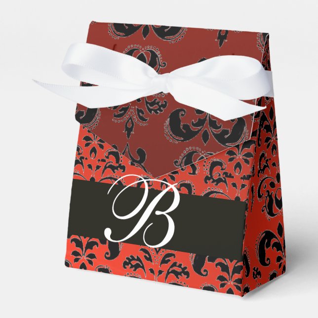 RED BLACK DAMASK WEDDING MONOGRAM Elegant  Favor Boxes (Front Side)