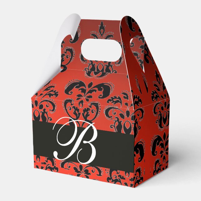 RED BLACK DAMASK WEDDING MONOGRAM Elegant Favor Boxes (Front Side)