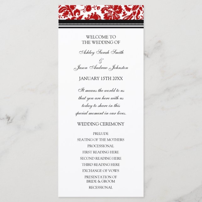 Red Black Damask Wedding Program (Front)