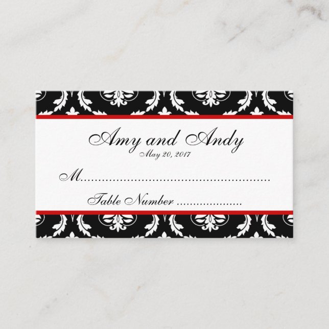 Red, Black Damask Wedding Seating Card (Front)