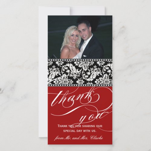 Red Black Damask Wedding Thank You Photo Card