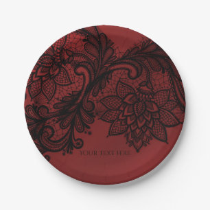 Red & Black Dark Elegance Lace Goth Wedding Party Paper Plates