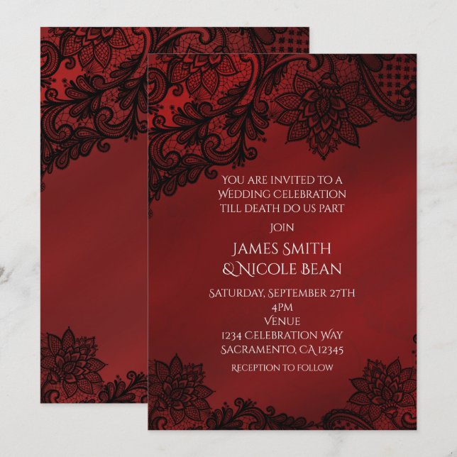 Red & Black Dark Elegance Lace Wedding Invitation (Front/Back)