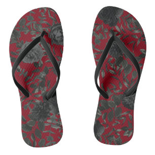 Red Black Dark Floral Gothic Wedding Flip Flops