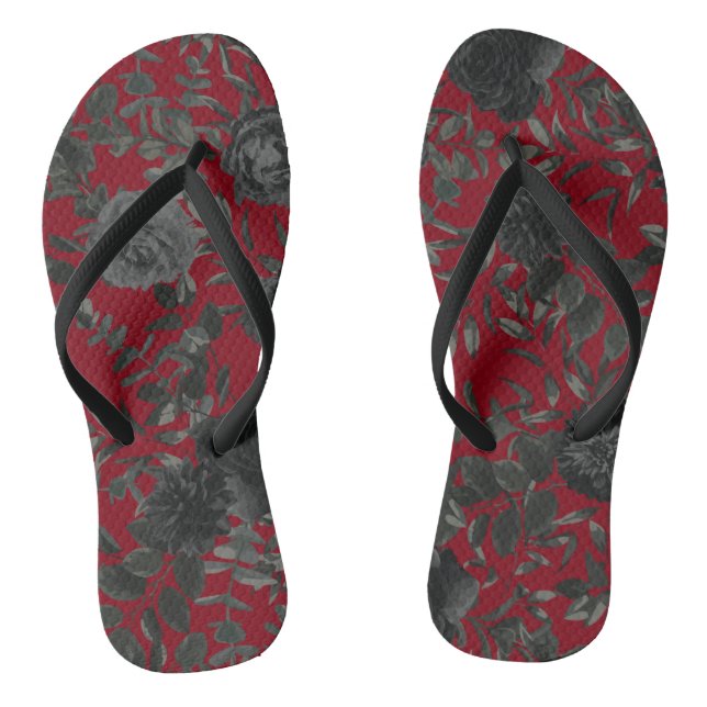 Red Black Dark Floral Gothic Wedding Flip Flops (Footbed)