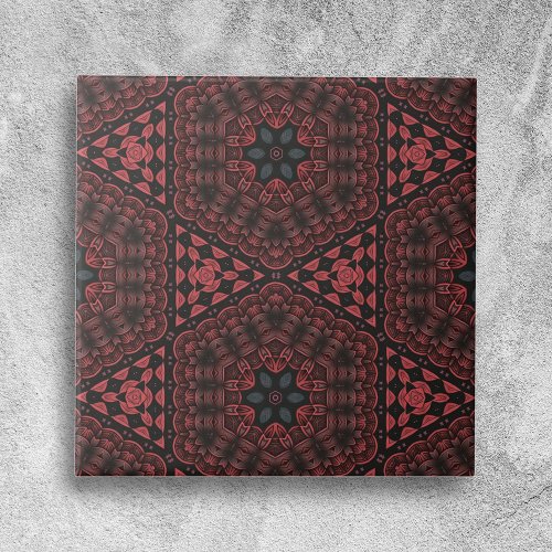 Red Black Detailed Floral Geometric Pattern Ceramic Tile