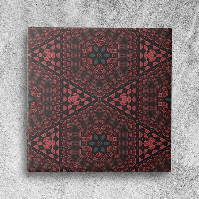 Red Black Detailed Floral Geometric Pattern Ceramic Tile (Creator Uploaded)