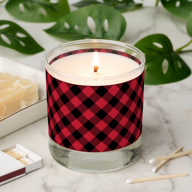 Red Black Diagonal Buffalo Check Pattern Scented Candle (Lit)