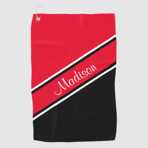 Red Black Diagonal Stripe Script Name Golf Towel