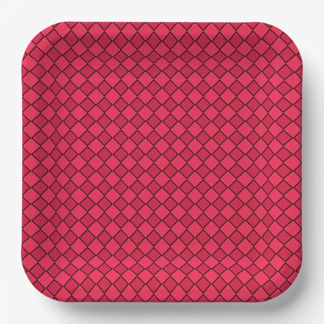 Red Black Diamond Checker Pattern Paper Plates (Front)