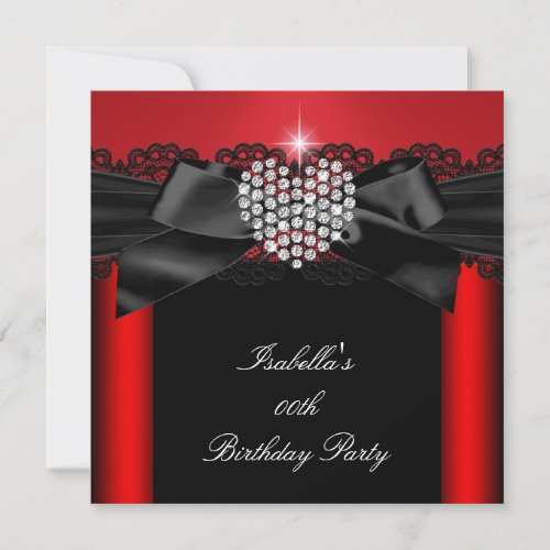 Red Black Diamond Heart Elegant Birthday Party Invitation