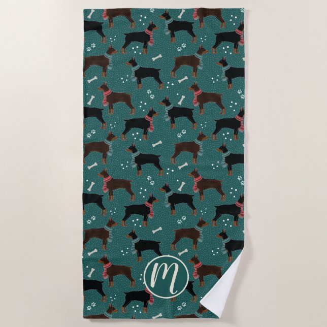 Red & Black Dobermans in Scarves Winter Pattern Beach Towel (Front)