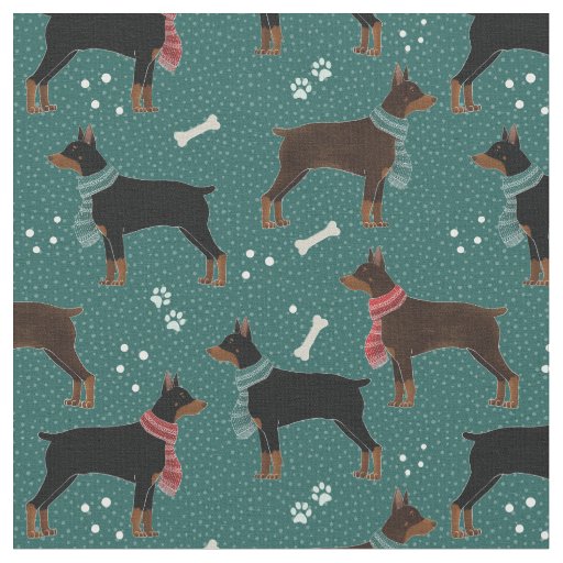 Red & Black Dobermans in Scarves Winter Pattern Fabric