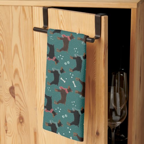 Red  Black Dobermans in Scarves Winter Pattern Kitchen Towel