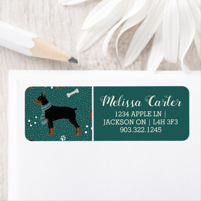 Red & Black Dobermans in Scarves Winter Pattern Label (Insitu)