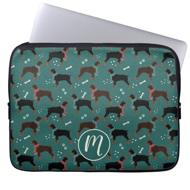 Red & Black Dobermans in Scarves Winter Pattern Laptop Sleeve (Front)